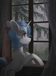 Size: 1500x2039 | Tagged: safe, artist:koviry, imported from derpibooru, oc, oc only, oc:clair, oc:clairvoyance, pony, unicorn, blackletter, curtains, grass, horn, looking out the window, male, rain, raised tail, smiling, solo, stallion, tail, tree, window