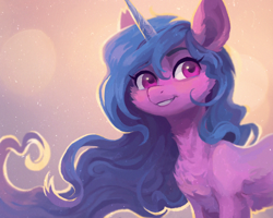 Size: 1556x1246 | Tagged: safe, artist:koviry, imported from derpibooru, izzy moonbow, pony, unicorn, spoiler:my little pony: a new generation, aside glance, backlighting, beautiful, bust, cheek fluff, chest fluff, ear fluff, female, fluffy, g5, looking at you, mare, my little pony: a new generation, smiling, solo