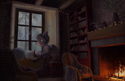 Size: 2500x1634 | Tagged: safe, artist:koviry, imported from derpibooru, oc, oc only, pegasus, pony, book, bookshelf, chair, commission, cozy, female, fire, fireplace, indoors, mare, mug, pillow, rain, sitting, solo, string lights, window