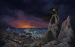 Size: 2618x1658 | Tagged: safe, artist:koviry, imported from derpibooru, oc, oc only, earth pony, pony, commission, ocean, rain, rock, scenery, solo, water, wave