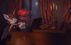 Size: 3155x2000 | Tagged: safe, artist:koviry, imported from derpibooru, oc, oc only, oc:darius, pegasus, pony, unicorn, blushing, bottle, candle, commission, glass, horn, looking at each other, looking at someone, musical instrument, piano, window, wine bottle, wine glass, wings