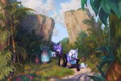 Size: 4481x3000 | Tagged: safe, artist:koviry, imported from derpibooru, sea swirl, seafoam, oc, oc:eula phi, pony, unicorn, cliff, clothes, commission, crossover, duo, duo female, female, mare, scenery, subnautica, tree