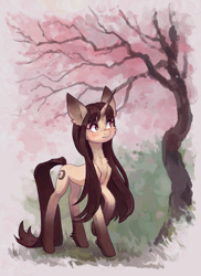 Size: 1918x2629 | Tagged: safe, artist:koviry, imported from derpibooru, oc, oc only, oc:sylvine, pony, unicorn, big ears, cheek fluff, chest fluff, commission, female, mare, raised hoof, solo, tree