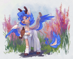 Size: 2716x2200 | Tagged: safe, artist:koviry, imported from derpibooru, oc, oc only, bird, deer, deer pony, original species, peryton, cheek fluff, chest fluff, clothes, cloven hooves, colored wings, commission, dress, ear fluff, fangs, freckles, leonine tail, multicolored wings, scenery, smiling, solo, spread wings, tail, wings