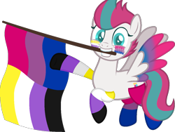 Size: 1207x908 | Tagged: safe, artist:yeetmedownthestairs, imported from derpibooru, zipp storm, pegasus, pony, adorazipp, bisexual pride flag, clothes, commission, cute, face paint, flag, g5, grin, mouth hold, nonbinary, nonbinary pride flag, pride, pride flag, pride month, raised hoof, raised leg, simple background, smiling, socks, solo, striped socks, transparent background, ych result