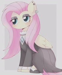 Size: 1579x1903 | Tagged: safe, artist:ginmaruxx, imported from derpibooru, fluttershy, pegasus, pony, alternate hairstyle, blushing, clothes, ear piercing, earring, eyeshadow, female, fluttergoth, folded wings, gem, goth, jacket, jewelry, lazy eye, lidded eyes, makeup, mare, necklace, piercing, simple background, sitting, solo, white background, wings