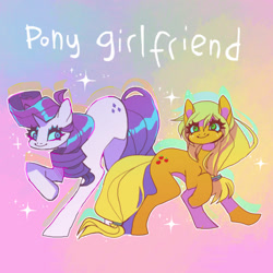 Size: 500x500 | Tagged: safe, artist:batthsalts, imported from derpibooru, applejack, rarity, earth pony, pony, unicorn, duo, duo female, female, freckles, happy, hatless, horn, lesbian, mare, missing accessory, rarijack, shipping, smiling, sparkles