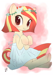 Size: 1000x1414 | Tagged: safe, artist:yanamosuda, imported from derpibooru, oc, oc:poniko, earth pony, pony, blushing, clothes, dress, floral head wreath, flower, sitting, solo