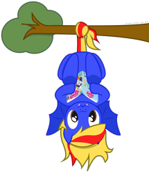 Size: 1159x1346 | Tagged: safe, artist:hazel bloons, derpibooru exclusive, imported from derpibooru, oc, oc only, bat pony, pony, 2022, :3, bat pony oc, bat wings, blue coat, book, brown eyes, butt, cute, fangs, hanging, hanging upside down, holding, male, multicolored hair, plot, reading, signature, simple background, smiling, solo, spread wings, stallion, tail, transparent background, tree, two toned mane, two toned tail, upside down, wings, yellow hair