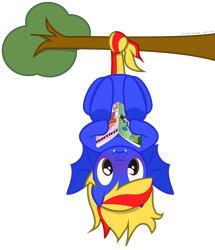 Size: 1159x1346 | Tagged: safe, alternate version, artist:hazel bloons, derpibooru exclusive, imported from derpibooru, oc, oc only, bat pony, pony, 2022, :3, bat pony oc, bat wings, blue coat, blushing, brown eyes, butt, clothes, cute, fangs, hanging, hanging upside down, holding, implied gay, magazine, male, multicolored hair, plot, reading, signature, simple background, smiling, socks, solo, spread wings, stallion, striped socks, tail, transparent background, tree, two toned mane, two toned tail, upside down, wings, yellow hair