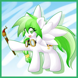 Size: 1000x1000 | Tagged: safe, artist:ragurimo, imported from derpibooru, oc, oc only, pegasus, pony, goggles, green background, hoof hold, paintbrush, raised hoof, simple background, solo, wings