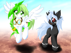 Size: 2000x1500 | Tagged: safe, artist:ragurimo, imported from derpibooru, oc, oc only, pegasus, pony, duo, female, goggles, horns, looking at someone, mare, wings