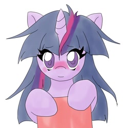 Size: 1000x1000 | Tagged: safe, artist:ragurimo, imported from derpibooru, twilight sparkle, pony, female, horn, looking at you, mare, messy mane, simple background, solo, white background