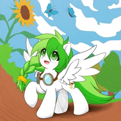 Size: 2000x2000 | Tagged: safe, artist:ragurimo, imported from derpibooru, oc, oc only, butterfly, pegasus, pony, female, flower, goggles, looking up, mare, open mouth, raised hoof, solo, sunflower, tree, wings