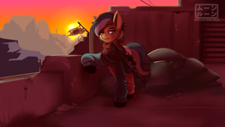 Size: 1920x1080 | Tagged: safe, artist:moonrunes, imported from derpibooru, earth pony, pony, fallout, gun, ncr, ncr ranger, rifle, sniper rifle, solo, weapon