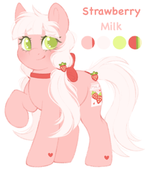 Size: 1800x2048 | Tagged: safe, artist:adostume, imported from derpibooru, oc, oc only, oc:strawberry milk, earth pony, pony, blushing, bow, cute, eyes open, female, food, heart, hearts on hooves, pigtails, ponytails, reference sheet, simple background, smiling, solo, strawberry, white background