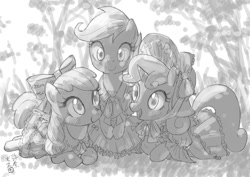 Size: 842x595 | Tagged: safe, artist:yanamosuda, imported from derpibooru, apple bloom, scootaloo, sweetie belle, earth pony, pegasus, pony, unicorn, blushing, clothes, cutie mark crusaders, dress, female, filly, foal, grayscale, happy, lolita fashion, looking at each other, monochrome, smiling, smiling at each other