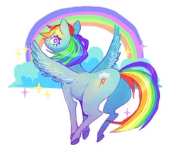 Size: 500x431 | Tagged: safe, artist:batthsalts, imported from derpibooru, rainbow dash, pegasus, pony, butt, cloud, looking at you, looking back, looking back at you, plot, rainbow, rainbutt dash, simple background, solo, sparkles, spread wings, white background, wide eyes, wings