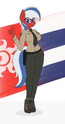 Size: 1900x3600 | Tagged: safe, artist:ponynamedmixtape, imported from derpibooru, oc, oc:iron sights, anthro, unguligrade anthro, clothes, female, flag, gun, holster, necktie, police, police uniform, sheriff, shoes, simple background, solo, thumbs up, uniform, weapon