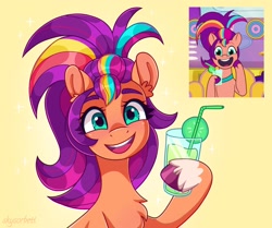 Size: 2048x1715 | Tagged: safe, artist:skysorbett, imported from derpibooru, screencap, sunny starscout, earth pony, pony, spoiler:g5, spoiler:my little pony: tell your tale, spoiler:tyts01e05, alternate hairstyle, bust, chest fluff, cute, drink, ear fluff, female, g5, glass, looking at you, mane melody, mane stripe sunny, my little pony: tell your tale, open mouth, open smile, screencap reference, smiling, solo, sparkles, straw, sunnybetes