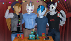 Size: 3716x2160 | Tagged: safe, artist:antonsfms, imported from derpibooru, oc, oc only, oc:haze rad, oc:skynight sleuth, oc:solar gizmo, oc:talu gana, anthro, pegasus, unicorn, 3d, birthday, birthday cake, birthday gift, birthday gift art, cake, candle, celebration, clothes, curtains, food, gift art, glasses, horn, hug, lights, male, male oc, party, pegasus oc, soda, soda can, surprised, unicorn oc