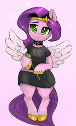 Size: 725x1200 | Tagged: safe, artist:ahobobo, imported from derpibooru, pipp petals, pegasus, semi-anthro, bipedal, choker, clothes, dress, female, flower, g5, headband, heart, mare, sad, simple background, solo, spread wings, stars, text, unshorn fetlocks, wings