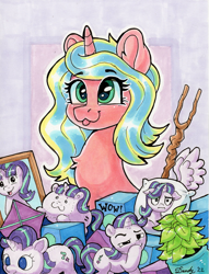 Size: 1801x2360 | Tagged: safe, artist:dandy, imported from derpibooru, phyllis, starlight glimmer, oc, oc only, oc:blitzy, pony, :i, :p, boop, copic, ear fluff, fangirl, horn, i mean i see, kite, marker drawing, meme, merchandise, multeity, picture frame, pillow, plant, plushie, self-boop, solo, staff, staff of sameness, starlight cluster, starlight says bravo, tongue out, traditional art, wings, wow! glimmer