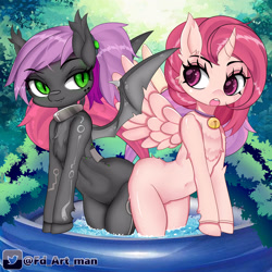 Size: 3000x3000 | Tagged: safe, artist:fd, imported from derpibooru, oc, oc only, oc:mitsy, alicorn, bat pony, semi-anthro, alicorn oc, arm hooves, bat pony oc, bell, bell collar, butt to butt, butt touch, chest fluff, collar, cute, duo, female, horn, looking at you, oc x oc, outdoors, pond, shipping, smiling, swimming pool, water, wings