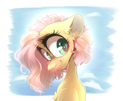 Size: 1280x1048 | Tagged: safe, artist:wacky-skiff, imported from derpibooru, fluttershy, pony, alternate hairstyle, aside glance, bust, chest fluff, ear fluff, eyelashes, female, head tilt, heart, heart eyes, looking at you, mare, portrait, short hair, sky background, smiling, solo, three quarter view, wall smath, wingding eyes