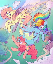 Size: 1280x1528 | Tagged: safe, artist:butterflyvanessa, imported from derpibooru, fluttershy, pinkie pie, rainbow dash, earth pony, pegasus, pony, balloon, bandaid, bandaid on nose, clock tower, cloud, deviantart watermark, ear fluff, female, floating, flying, gritted teeth, high angle, looking at each other, looking at someone, looking up, mare, obtrusive watermark, open mouth, open smile, outdoors, path, reaching, smiling, spread wings, sunrise, sunset, teeth, then watch her balloons lift her up to the sky, tree, trio, vertigo, watermark, wings