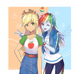 Size: 2646x2528 | Tagged: safe, artist:hikari_aoq, imported from derpibooru, applejack, rainbow dash, human, equestria girls, apple, appledash, female, food, lesbian, peace sign, shipping, zap apple