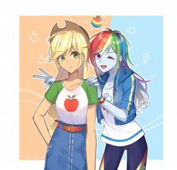 Size: 2646x2528 | Tagged: safe, alternate version, artist:hikari_aoq, imported from derpibooru, applejack, rainbow dash, human, equestria girls, apple, appledash, applejack's hat, belt, clothes, cowboy hat, cute, dashabetes, duo, female, food, hat, hug, jackabetes, lesbian, nail polish, one eye closed, open mouth, pants, peace sign, shipping, shirt, skirt, t-shirt, wink, zap apple