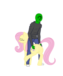 Size: 1000x1200 | Tagged: safe, artist:fig, imported from derpibooru, fluttershy, oc, oc:anon, human, pegasus, pony, animated, butt, butt touch, dancing, dock, flutterbutt, gif, hand on butt, plot, raised tail, simple background, smiling, stomping, tail, white background