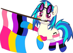 Size: 1233x901 | Tagged: safe, artist:yeetmedownthestairs, imported from derpibooru, dj pon-3, vinyl scratch, pony, unicorn, clothes, commission, cute, face paint, flag, genderfluid, genderfluid pride flag, grin, mouth hold, pansexual, pansexual pride flag, pride, pride flag, pride month, raised hoof, raised leg, simple background, smiling, socks, solo, striped socks, transparent background, vinyl's glasses, vinylbetes, ych result