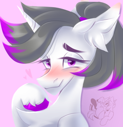 Size: 1400x1454 | Tagged: safe, artist:mirage, imported from derpibooru, oc, oc only, oc:hazel radiate, pony, unicorn, birthday gift art, blushing, bust, chest fluff, colored hooves, commission, commission open, ear fluff, eyebrows, eyelashes, female, gift art, head, headshot commission, highlights, horn, lidded eyes, looking at you, mare, pink background, ponytail, portrait, purple eyes, simple background, smiling, smiling at you, solo, unicorn oc, unshorn fetlocks