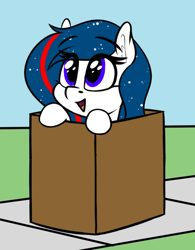 Size: 556x714 | Tagged: safe, artist:seafooddinner, imported from derpibooru, oc, oc only, oc:nasapone, earth pony, pony, box, cardboard box, cute, earth pony oc, female, happy, mare, open mouth, simple background, solo