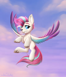 Size: 1097x1280 | Tagged: safe, artist:shiracipher, imported from derpibooru, zipp storm, pegasus, pony, female, flying, g5, looking at you, mare, one eye closed, sky background, solo, unshorn fetlocks, wink, winking at you