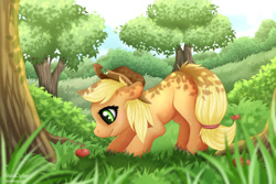 Size: 1280x853 | Tagged: safe, artist:shiracipher, imported from derpibooru, applejack, earth pony, pony, apple, applejack's hat, complex background, cowboy hat, dappled sunlight, female, food, grass, hat, looking at something, mare, smiling, solo, tree
