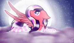 Size: 1280x750 | Tagged: safe, artist:prettyshinegp, imported from derpibooru, oc, oc only, pegasus, pony, clothes, cloud, female, looking back, mare, night, on a cloud, pegasus oc, signature, socks, solo, stars, striped socks, wings