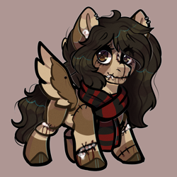 Size: 3000x3000 | Tagged: safe, artist:highrolleryt, imported from derpibooru, oc, oc only, original species, pegasus, plush pony, pony, brown background, clothes, ear piercing, earring, eyelashes, female, hoof polish, jewelry, mare, pegasus oc, piercing, plushie, scarf, simple background, solo, stitches