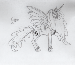 Size: 2877x2491 | Tagged: safe, artist:riygan, imported from derpibooru, oc, oc only, oc:princess eclipse, alicorn, pony, clothes, crown, female, horn, jewelry, mare, pencil drawing, regalia, shoes, spread wings, text, traditional art, wings