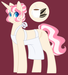 Size: 2296x2528 | Tagged: safe, artist:purplegrim40, imported from derpibooru, oc, oc only, pony, unicorn, apron, clothes, coffee, female, hair bun, horn, mare, mug, offspring, parent:donut joe, parent:princess celestia, red background, simple background, solo, unicorn oc