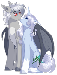 Size: 2158x2838 | Tagged: safe, artist:purplegrim40, imported from derpibooru, oc, oc only, bat pony, pony, unicorn, bat pony oc, bat wings, coat markings, ear fluff, eyes closed, female, horn, male, mare, oc x oc, shipping, simple background, socks (coat markings), stallion, transparent background, unicorn oc, wings