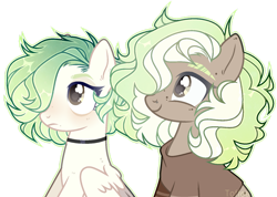 Size: 1280x909 | Tagged: safe, artist:toffeelavender, imported from derpibooru, oc, oc only, earth pony, pegasus, pony, base used, bust, clothes, duo, earth pony oc, female, hair over one eye, mare, pegasus oc, simple background, smiling, transparent background