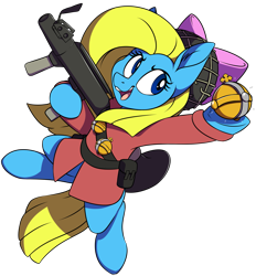 Size: 1975x2131 | Tagged: safe, artist:notetaker, imported from derpibooru, oc, oc only, oc:cuteamena, earth pony, pony, commission, female, grenade, holy hand grenade of antioch, mare, open mouth, open smile, rocket launcher, simple background, smiling, soldier, solo, team fortress 2, transparent background, weapon