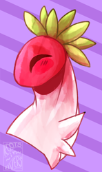 Size: 1122x1895 | Tagged: safe, artist:gothalite, imported from derpibooru, oc, oc only, original species, plant pony, pony, abstract background, bust, chest fluff, food, misleading thumbnail, out of context, plant, signature, smiling, solo, strawberry