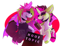 Size: 1280x936 | Tagged: safe, artist:gothalite, imported from derpibooru, oc, oc only, pony, unicorn, bust, chest fluff, duo, ear fluff, horn, hot topic, laughing, monster energy, simple background, transparent background, unicorn oc