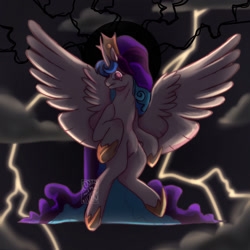 Size: 1280x1280 | Tagged: safe, artist:gothalite, imported from derpibooru, princess celestia, alicorn, pony, cloud, crossed legs, female, hoof shoes, lightning, mare, sitting, solo, spread wings, wings