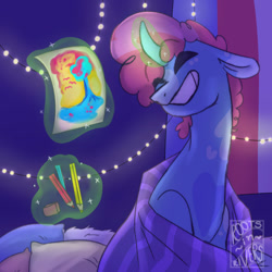 Size: 1280x1280 | Tagged: safe, artist:gothalite, imported from derpibooru, oc, oc only, pony, unicorn, blanket, drawing, glowing, glowing horn, grin, horn, indoors, magic, pencil, pillow, smiling, solo, telekinesis, unicorn oc