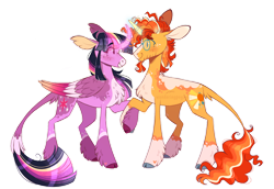Size: 1280x881 | Tagged: safe, artist:wanderingpegasus, edit, editor:edits of hate, imported from twibooru, sunburst, twilight sparkle, alicorn, pony, unicorn, alternate design, blushing, chest fluff, coat markings, colored hooves, couple, curved horn, facial hair, facial markings, female, glowing horn, goatee, holding hooves, horn, image, leonine tail, looking at each other, magic, magic aura, male, mare, png, shipping, stallion, straight, twiburst, unshorn fetlocks